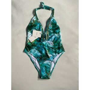Mooncore Blue & Gold Marble Print One Piece Womens Swimsuit Size S